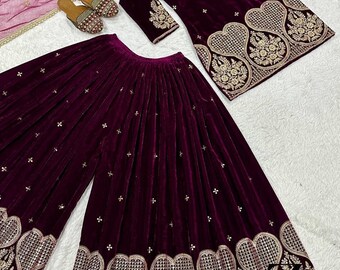 Pakistani Zari Embroidered 3 pc Maroon Velvet Straight Kurta Palazzo Set with Velvet Dupatta, Winter Salwar Kameez Set  Partywear