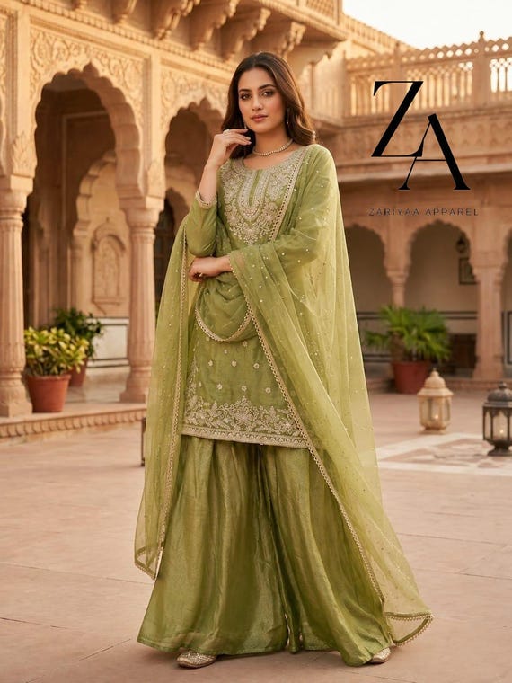 Pakistani Green Designer Salwar Kameez Readymade Suit,Heavy Palazzo suit for women, long kurta set,Kurta Palazzo & Designer Dupatta 3PC