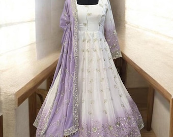 Lavender & Ivory Ombre Anarkali Suit Set for Women, Indian Wedding Guest Dress,Embroidered Salwar Kameez with Dupatta, Eid Festive outfit