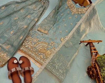 Bellissimo abito da sera in georgette ricamato con motivo a sequenza, salwar kameez con dupatta, sharara da sera, abito pakistano, completo da sposa, 3 pezzi