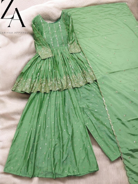 Green Pakistani kedia sharara set with dupatta, Embroidered dress, Indian festive wear, Ready to wear suit, Traditional outfit, Partywear3pc