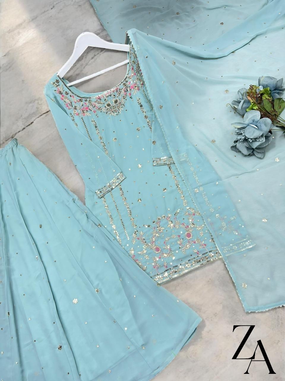 princess polly baby blue dress Navy Blue Rayon Designer Gown with Organza Dupatta - PrazuFashion main image 1