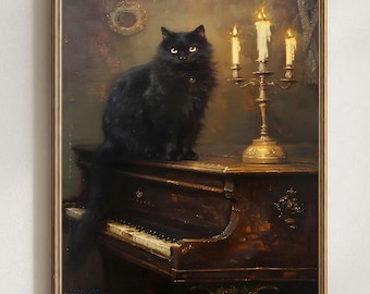 Ölgemälde-Druck „Schwarze Katze am Klavier“, Vintage-Wandbild im Gothic-Stil, Katzenbild im Dark-Academia-Stil, Katzenporträt im Kerzenlicht, Halloween-Dekoration