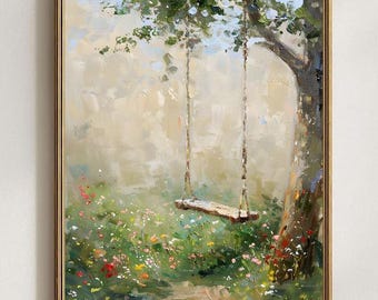Wandbild mit Gartenschaukel, Kunstdruck mit Wildblumenwiese, romantisches Landhausmotiv, Cottagecore-Dekoration, Kunst mit nostalgischen Kindheitserinnerungen