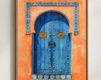 Marokkanisches Türbild, Wandbild in Blau und Orange, Reisedeko für Marrakesch, Boho-Stil im mediterranen Stil, Wandbild aus Nordafrika