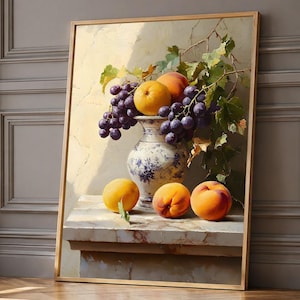 Old Master Still Life Print, Tuscan Fruit Painting, Grapes Peaches Wall Art, Italian Kitchen Decor, Classical Oil Painting, Vintage Dining