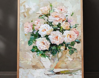 Kunstdruck „Rosenstrauß in Creme“, florales Ölgemälde mit Spachteltechnik, Vintage-Rosenbild für die Wand, romantische Dekoration, Geschenkidee zum Muttertag im französischen Landhausstil