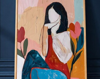 Abstrakt kvinna väggkonst, modern feminin målning, samtida figurtryck, färgglad minimalistisk dekor, texturerad kanvaskonst