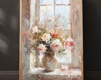 Wandbild mit rosa Pfingstrosenstrauß, Vintage-Ölgemälde mit Blumenmotiven fürs Fenster, romantischer Rosendruck, französischer Landhausstil, Blumenkunst alter Meister
