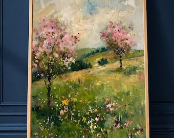 Kirschblüten-Landschaftsbild, Frühlingswiesen-Ölgemälde, Blumenkunst mit Spachteltechnik, Wandbild mit rosa Bäumen, Muttertagsgeschenk