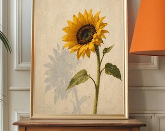 Solrosväggkonsttryck, minimalistisk blomstermålning, varm gul blomsterdekor, rustik lantlig estetik, botanisk utskrivbar konst