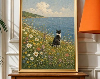 Wandbild „Schwarze Katze am Meer“, Küstenblumenmalerei, mediterraner Meereslandschaftsdruck, Katzenkunst im Monet-Stil, Geschenkidee für Katzenliebhaber im Cottagecore-Stil