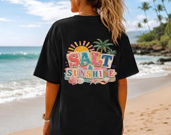 Salz und Sonnenschein PNG, Sommer-Strand-Shirt-Design, DTF-Download mit Stickerei-Imitation, Küsten-Patchwork-Clipart, Strand-Vibes-Sublimations-PNG-Grafik