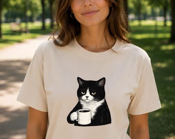 PNG-Sublimationsdesign mit Katze, lustiges Kaffeekatzen-Shirt (PNG), mürrische Katze als Sublimations-Download, DTF-Clipart für Katzenliebhaber, Vintage-schwarze Katze