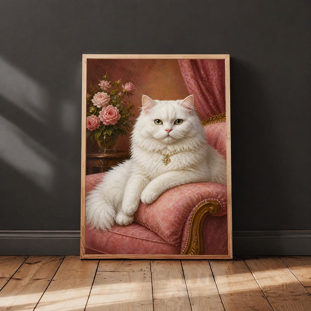 Royal White Cat Portrait, Vintage Persian Cat Wall Art, Aristocratic ...