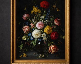 Vintage-Blumenbild, Kunstdruck eines barocken Blumenstraußes, antiker Ölgemälde-Stil, stimmungsvolle Wanddekoration