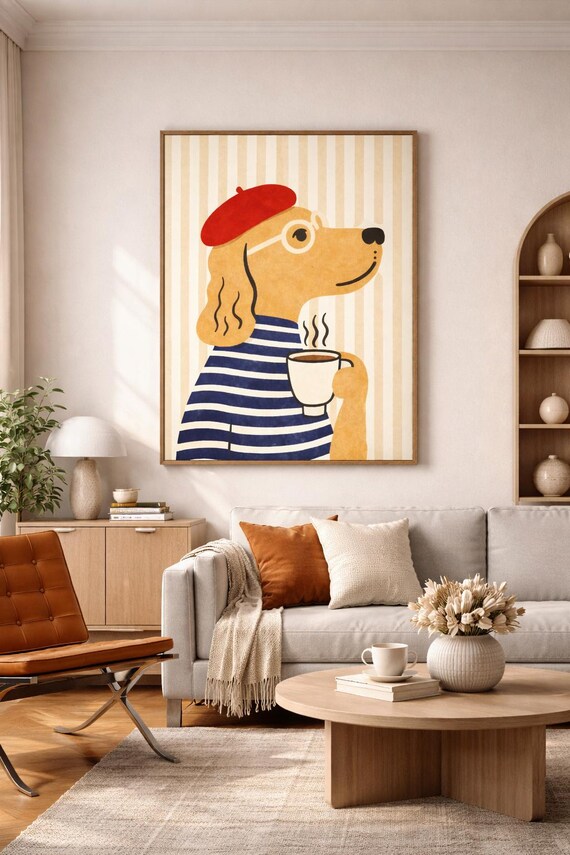 Parisian Dog Wall Art Printable, French Style Dog Poster with Coffee, Unique Gift for Dog Lovers