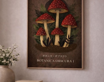 Botanica Obscura I – Dark Botanical Mushroom Print, Vintage Forest Illustration