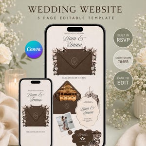 May include: A digital wedding website template displayed on two smartphones, featuring a brown envelope graphic, floral accents, and text including "Liam & Emma," "Sealed with love from," "Click envelope to open," "Built in RSVP," and "Easy to edit."