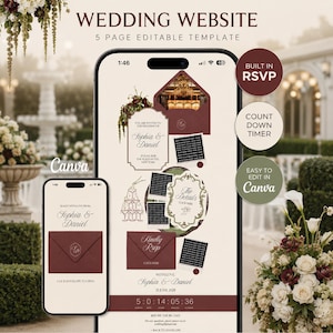 May include: A digital wedding website template displayed on two smartphones, featuring a maroon and cream colour scheme. The interface includes editable text for names, dates, and event details, a countdown timer, and interactive RSVP envelope graphics.