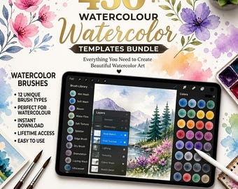 457 Watercolor Procreate Brushes Bundle, Realistic Textures, Splatter Effects (Digital Download)
