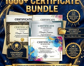 1000+ Certificate Design Templates Bundle Editable Award Diploma Achievement Professional Printable Certificates Instant Download