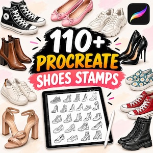May include: A digital collection of 110+ Procreate shoe stamps featuring various footwear illustrations including trainers, ballet flats, high heels, and boots. A tablet displays a grid of black and white line art shoe designs with a stylus.
