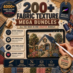 May include: A digital product bundle for Procreate featuring 4000+ fabric texture brushes. The image displays a tablet screen showing a house illustration, surrounded by fabric swatches, spools of thread, and text labels detailing features like instant download, easy installation, and pressure sensitivity.