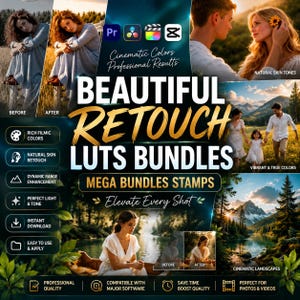 May include: A digital product advertisement for Beautiful Retouch LUTs Bundles featuring before and after photo comparisons, icons for software compatibility, and text highlighting features like rich filmic colors, natural skin retouch, and dynamic range enhancement.