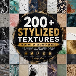 May include: A digital collection of 200+ stylised textures featuring a central black circle with gold text reading 200+ STYLIZED TEXTURES PREMIUM TEXTURE MEGA BUNDLE. The background displays a grid of various textures including marble, stone, fabric, and paint.