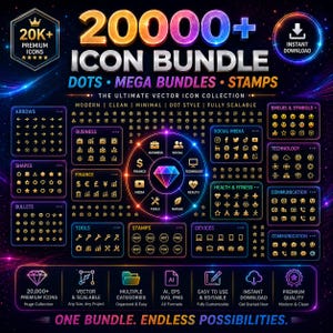 May include: A digital graphic advertisement for a 20000+ icon bundle featuring gold and neon-coloured text against a dark background. The image displays various categories of vector icons including business, finance, social media, and technology.