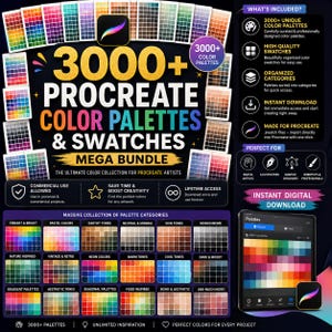 May include: A digital bundle of 3000+ Procreate color palettes and swatches featuring a large collection of categorized color grids, including vibrant, pastel, earthy, and neutral tones, displayed on a dark background with text.