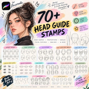 May include: A digital art resource set titled 70+ Head Guide Stamps for Procreate. It features a detailed illustration of a person, numerous line-art grids showing head shapes, facial features, jawlines, skulls, and various angles for character design.