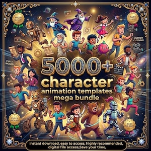 Könnte beinhalten: Eine digitale Grafik mit dem Text 5000+ character animation templates mega bundle, umgeben von verschiedenen Zeichentrickfiguren wie Robotern, einem Zauberer, einem Ritter, Kindern und einem Bären vor einem dunklen, sternenreichen Hintergrund.