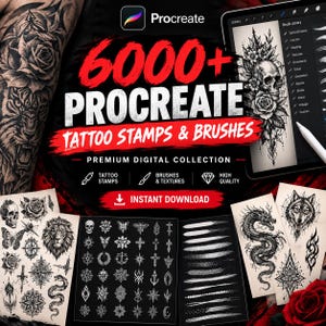Könnte beinhalten: Eine digitale Sammlung von 6000+ Procreate Tattoo-Stempeln und Pinseln mit schwarz-weißen Illustrationen von Totenköpfen, Rosen, Löwen, Drachen, Wölfen und geometrischen Symbolen, dargestellt auf einem Tablet-Bildschirm mit Stift und gedruckten Blättern.