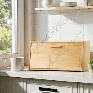 Bamboo Wooden Bread Bin with Lift-Up Lid Large Capacity Eco-Friendly Kitchen Countertop Storage