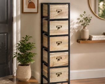Chest 5 Drawers Tall Storage Unit Rustic Brown Metal Legs Home
