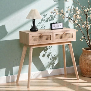 Rattan Console Table with 2 Drawers, Slim Wooden Hallway & Living Room Table