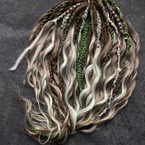 Forest green dreadlock extensions.Boho dreads with Waves,Beads & Leaves.