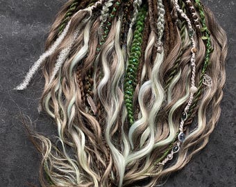 Forest green dreadlock extensions.Boho dreads with Waves,Beads & Leaves.