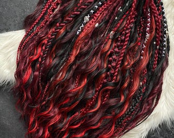 Burgundy Black Boho Dreads Set, Gothic Synthetic Dreadlocks with Waves.