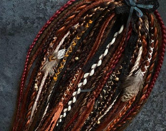Boho Braided Dread Extensions Set, BrownOmbre Synthetic Dreads with Feathers, Viking hair accessories.