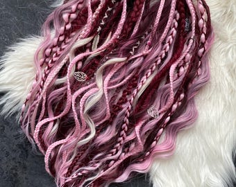 Pink and burgundy braided dreadlock set. Boho hair for festivals.