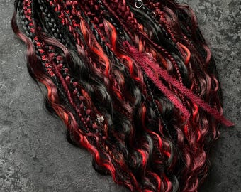 Gothik Dreadllocks Extensions Black & Burgundy/Red Accents/ Handmade Set.