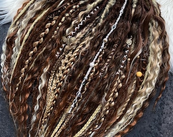 Boho DE Dreadlock Extensions.Brown Blonde Dreads with Braids & Beads.Viking Fairy Hair.