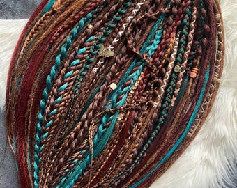 Burgundy Brown Teal Dreadlock Set.Viking Festival Tribal Hair Extensions.