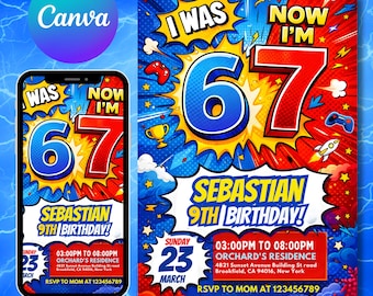 Invitación de cumpleaños con el meme Six Seven, invitación para el séptimo cumpleaños de un niño, tenía 6 años y ahora tengo 7, invitación de cumpleaños, EDITABLE Italiano 67 Brainrot Roba un Brainrot