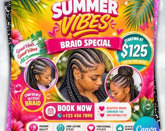 Folleto de reservas de verano, folleto de reservas para trenzas DIY, folleto de rebajas de verano de trenzas, folleto de ofertas de verano, plantilla editable de Canva, descarga instantánea