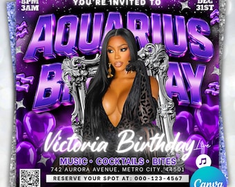 Volante de cumpleaños de Acuario, Volante de fiesta de Acuario, Volante de cumpleaños, Cumpleañera, Volante de fiesta, Volante de celebración, Evento de cumpleaños, Invitación de cumpleaños
