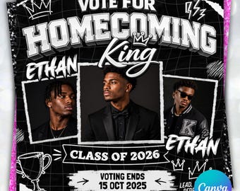 Homecoming King flyer, Homecoming Queen Flyer, homecoming campaign flyer, Vote Homecoming, HOCO Flyer, Vote for me Flyer, Canva Editable